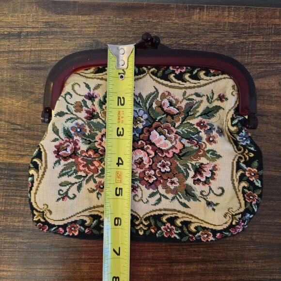 Vintage Floral Needlepoint Clutch Purse With Maroon Frame & Kiss Lock Closure - Picture 8 of 8